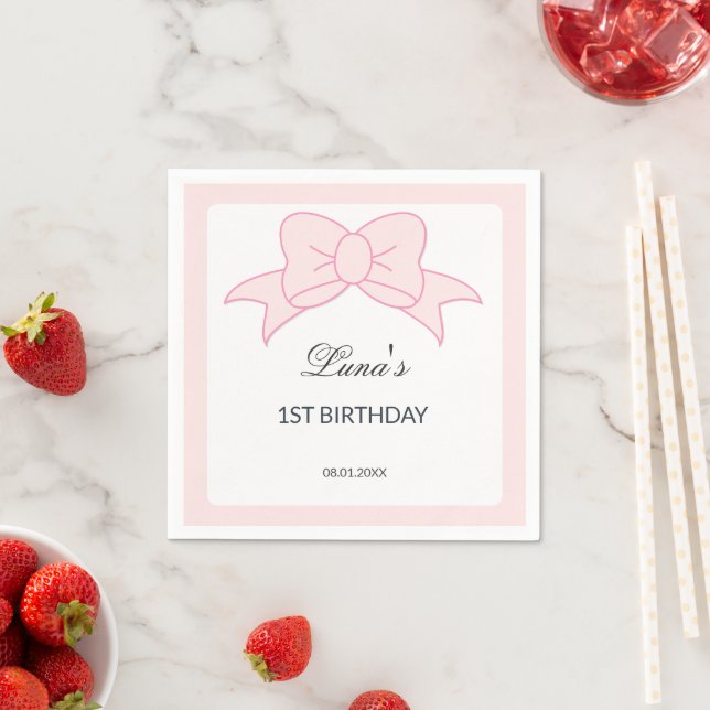 Pink Bow Girl Kids 1st Birthday  Napkin (Insitu)