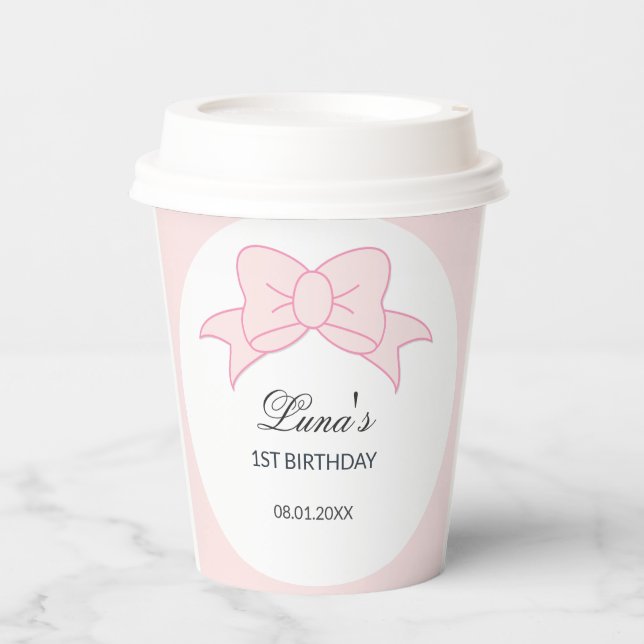 Pink Bow Girl Kids 1st Birthday  Paper Cups (Front)
