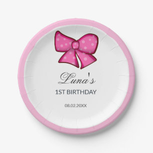 Pink Bow Girl Kids 1st Birthday Paper Plate