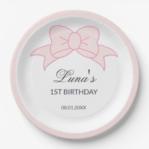 Pink Bow Girl Kids 1st Birthday Paper Plate