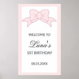 Pink Bow Girl Kids 1st Birthday  Poster