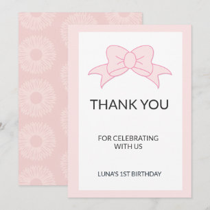 Pink Bow Girl Kids 1st Birthday  Thank You Card
