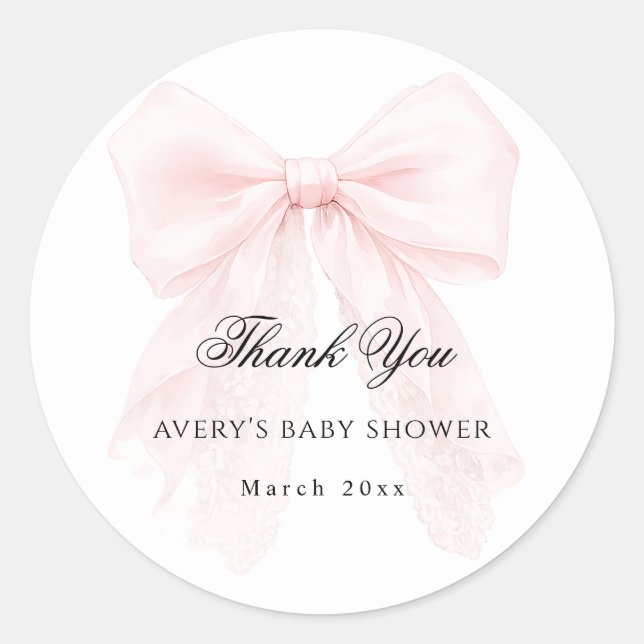 Pink Bow Girl Modern Baby Shower  Classic Round Sticker (Front)