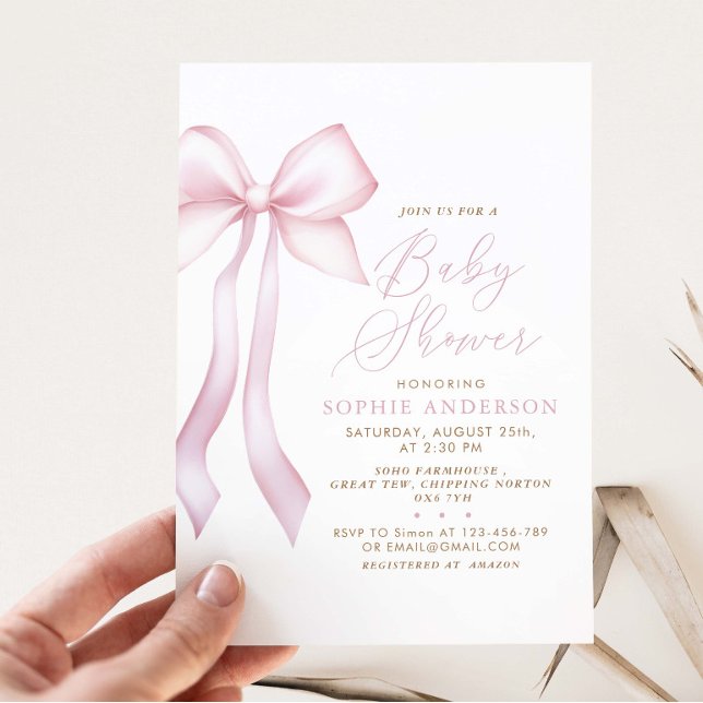 Pink Bow Girl Modern Baby Shower Invitation (Creator Uploaded)