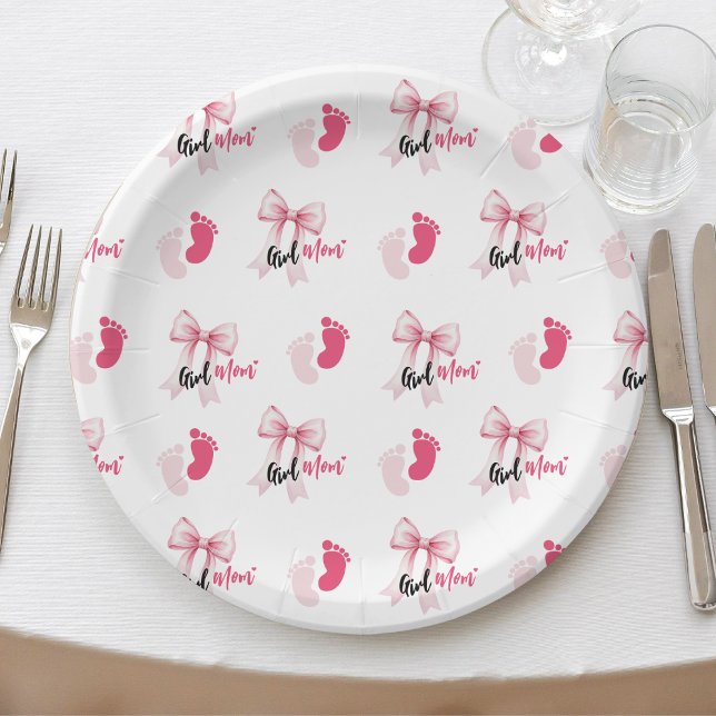 Pink Bow Girl Mom Ribbon Cute Baby Shower Paper Plate (Creator Uploaded)