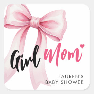 Pink Bow Girl Mom Ribbon Cute Baby Shower Square Sticker
