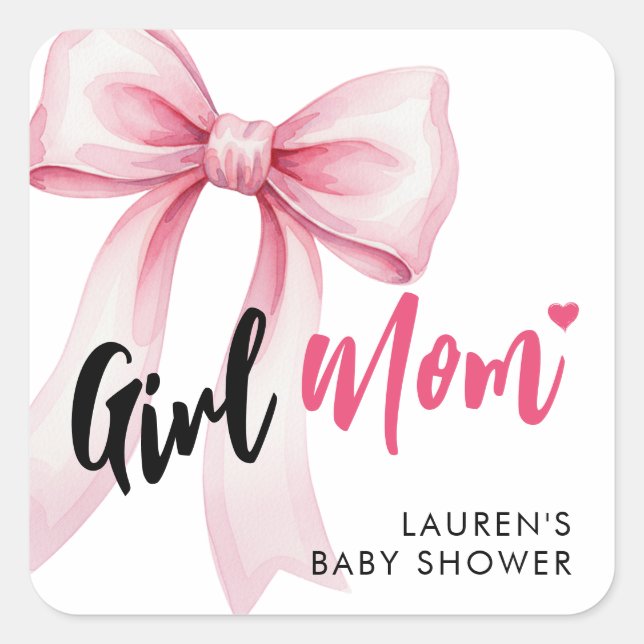 Pink Bow Girl Mom Ribbon Cute Baby Shower Square Sticker (Front)