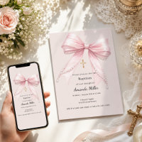 Pink bow girl pearls champagne Baptism