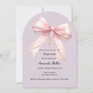 Pink bow girl pearls dusty lavender arch Baptism Invitation