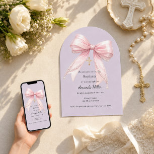 Pink bow girl pearls dusty lavender arch Baptism Invitation
