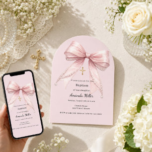 Pink bow girl pearls elegant arch Baptism Invitation