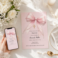 Pink bow girl pearls elegant Baptism