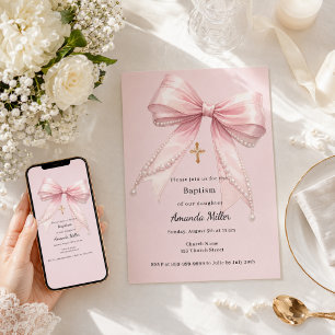 Pink bow girl pearls elegant Baptism Invitation