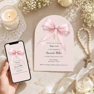 Pink bow girl pearls taupe arch Baptism Invitation