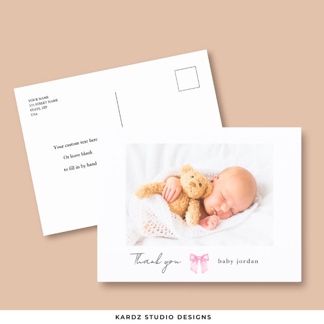 Pink Bow Girl Photo Modern Baby Shower Thank You Postcard (Front and back of the Postcard shown, add your baby's name, picture, and message.)