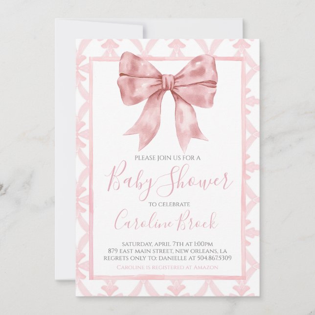 Pink Bow Girl Preppy Southern Baby Shower Invitation (Front)
