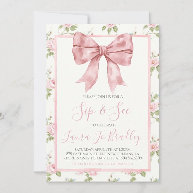 Pink Bow Girl Preppy Southern Sip & See Invitation (Front)
