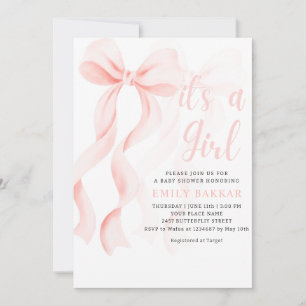 Pink Bow Girl watercolor boho modern baby shower Invitation