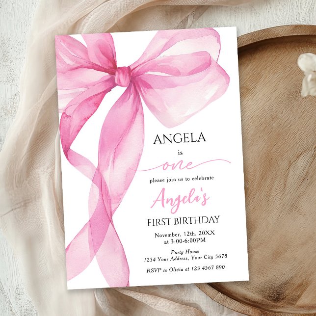 Pink Bow Girls 1st Birthday Invitation (Creator Uploaded)