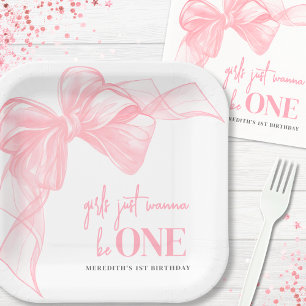 Pink Bow Girls 1st Birthday Paper Plate