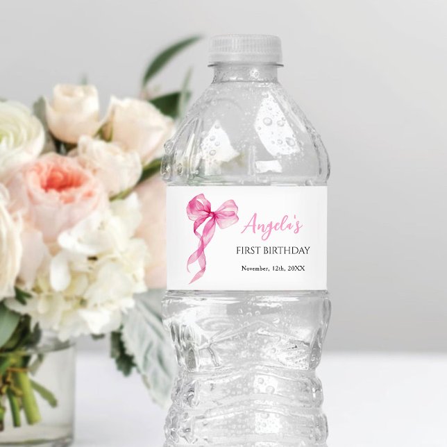 Pink Bow Girls 1st Birthday Water Bottle Label (Creator Uploaded)