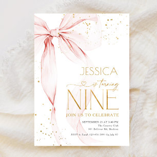 Pink Bow Girls 9th Birthday Invitation