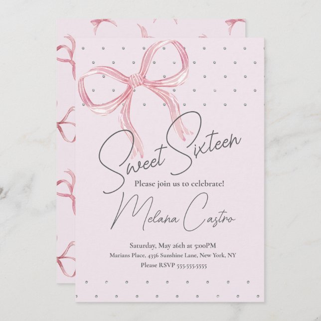 Pink Bow Girls Coquette Sweet 16 Birthday Invitation (Front/Back)