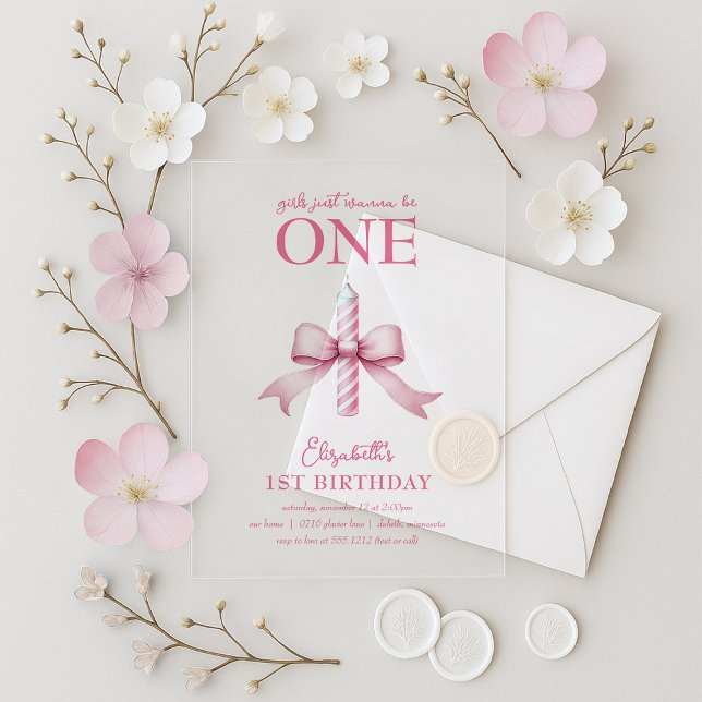 Pink Bow Girls Just Wanna Be One 1st Birthday  Acrylic Invitations (Pink Bow Girls Just Wanna Be One 1st Birthday Acrylic Invitations)