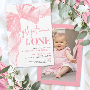 Pink Bow Girls Just Wanna Be ONE 1st Birthday Invitation