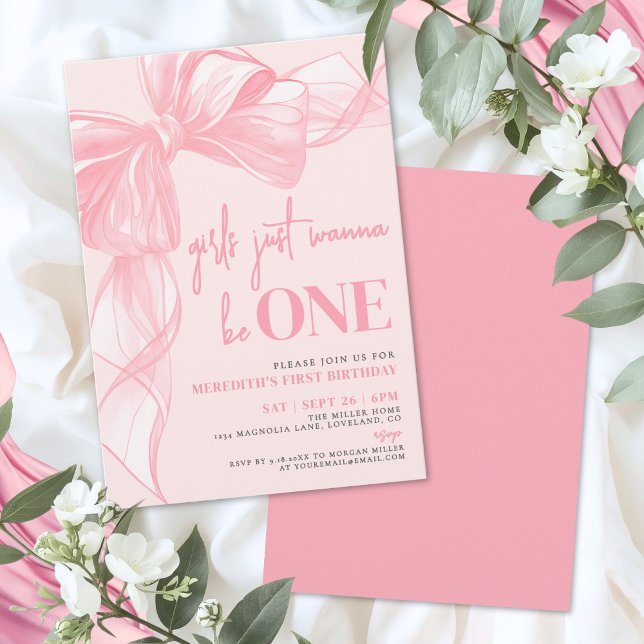 Pink Bow Girls Just Wanna Be ONE 1st Birthday Invitation (Pink Bow Girls Just Wanna Be ONE 1st Birthday Invitation)