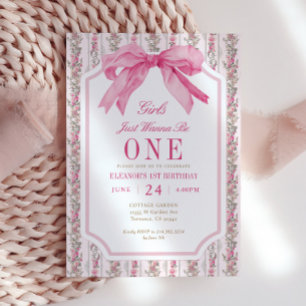 Pink Bow Girls Just Wanna Be One 1st Birthday Invitation