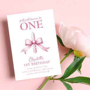 Pink Bow Girls Just Wanna Be One 1st Birthday Invitation