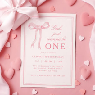 Pink Bow Girls Just Wanna Be One 1st Birthday Invitation