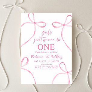 Pink Bow Girls Just Wanna Be One 1st Birthday Invitation