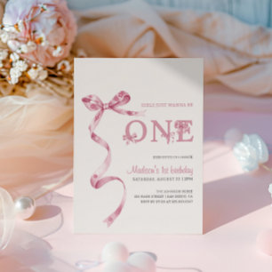 Pink Bow Girls Just Wanna Be One Birthday Girl Invitation