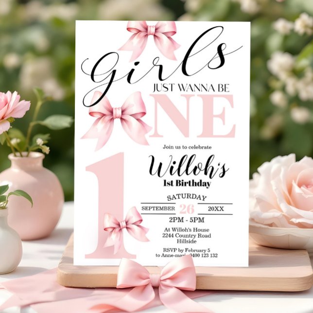 Pink Bow Girls Just Wanna Be ONE Birthday Invite (Girls just wanna be ONE 1st Birthday Girl Invitation. Pink Bow on Trend Coquette themed invitation)