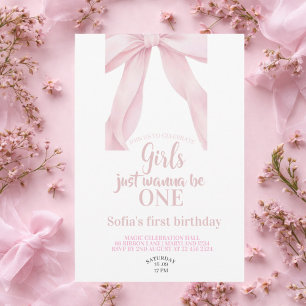  Pink Bow Girls Just Wanna be ONE First Birthday Invitation