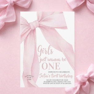  Pink Bow Girls Just Wanna be ONE First Birthday Invitation