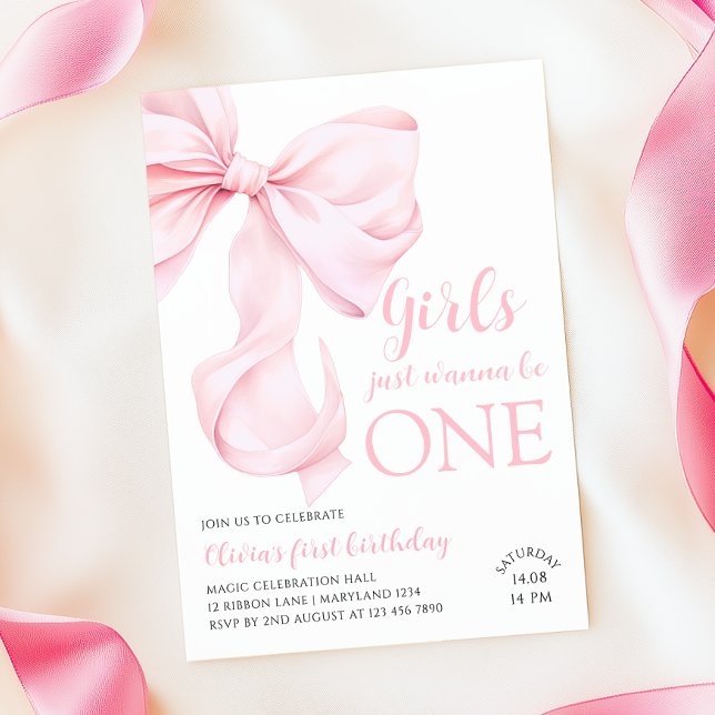 Pink Bow Girls Just Wanna be ONE First Birthday Invitation (Creator Uploaded)