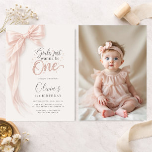 Pink Bow Girls Just Wanna be One Photo Birthday Invitation