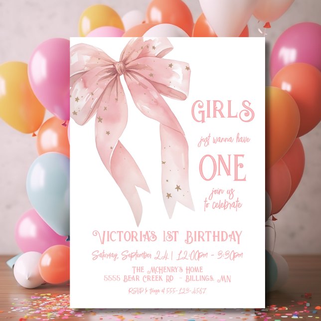 Pink Bow Girls just want to be One 1st Birthday Invitation (Creator Uploaded)