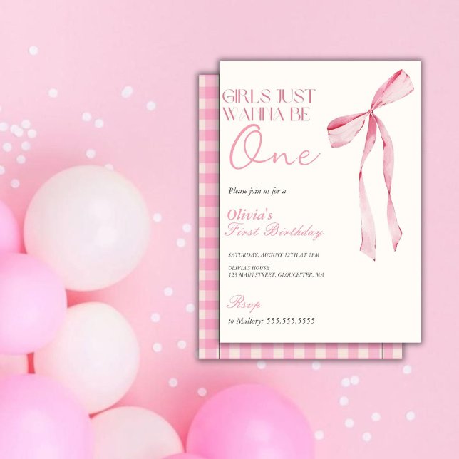 Pink Bow Girls Just Want To Be One 1st Birthday Invitation (Creator Uploaded)