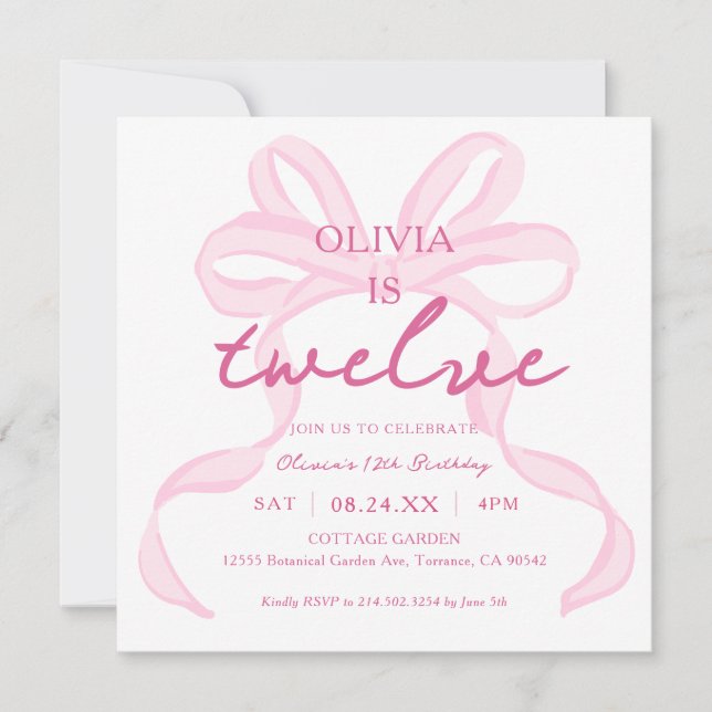 Pink Bow Girly Coquette 12th Birthday Party Squara Invitation (Front)