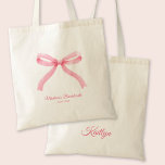Pink Bow Girly Coquette Custom Bachelorette Party Tote Bag<br><div class="desc">This trendy coquette aesthetic design with a pink bow offers customisation with the bride's name and the date or location. Perfect to add some fun and flair to your event.</div>