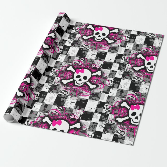 Pink Bow Girly Skull and Crossbones Wrapping Paper (Unrolled)