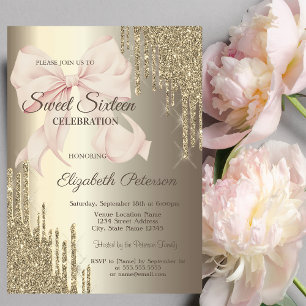 Pink Bow Glitter Drips Champagne Sweet 16 Invitation