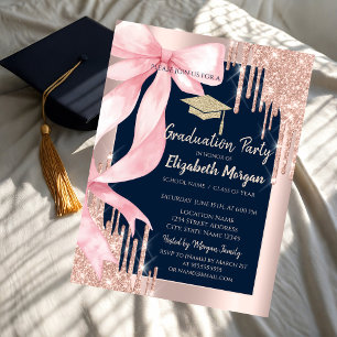 Pink Bow Glitter Grad Cap,Drips Navy Blue Invitation
