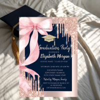 Pink Bow Glitter Grad Cap,Drips Photo Navy Blue  