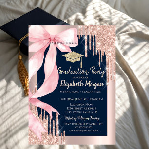 Pink Bow Glitter Grad Cap,Drips Photo Navy Blue Invitation