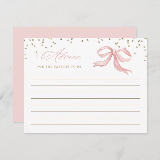 Pink Bow Gold Baby Shower Advice Card (Front/Back)